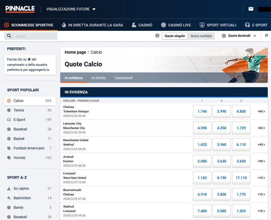 Sport offerti da Pinnacle
